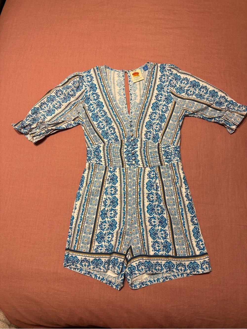 FARM Rio Blue & White Printed Short Romper